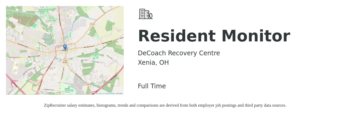 DeCoach Recovery Centre job posting for a Resident Monitor in Xenia, OH with a salary of $14 to $18 Hourly with a map of Xenia location.