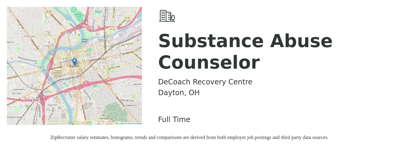 DeCoach Recovery Centre job posting for a Substance Abuse Counselor in Dayton, OH with a salary of $22 to $29 Hourly with a map of Dayton location.