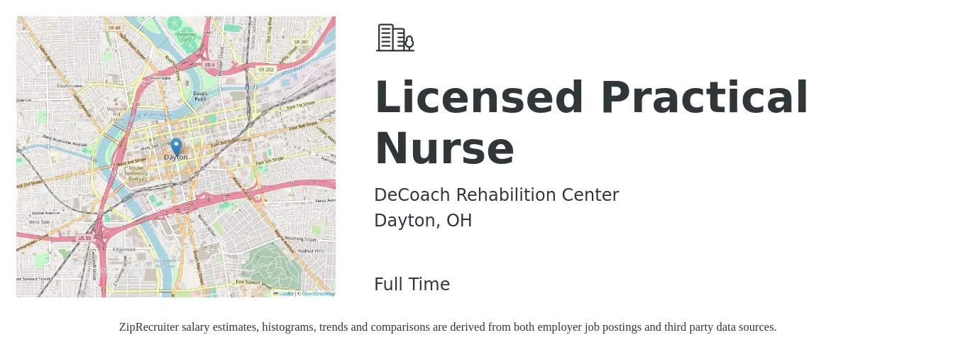 DeCoach Rehabilition Center job posting for a Licensed Practical Nurse in Dayton, OH with a salary of $25 to $34 Hourly with a map of Dayton location.