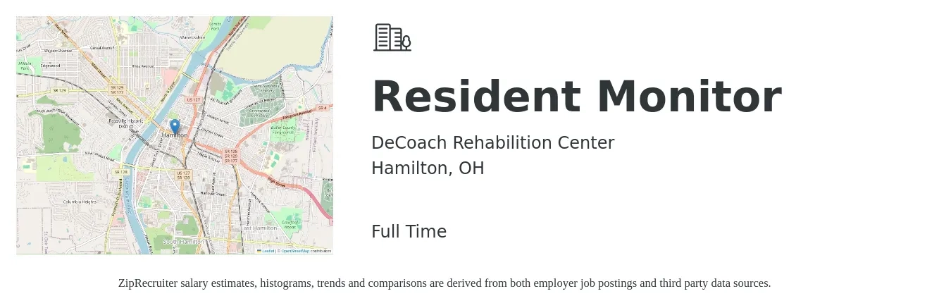 DeCoach Rehabilition Center job posting for a Resident Monitor in Hamilton, OH with a salary of $15 to $19 Hourly with a map of Hamilton location.