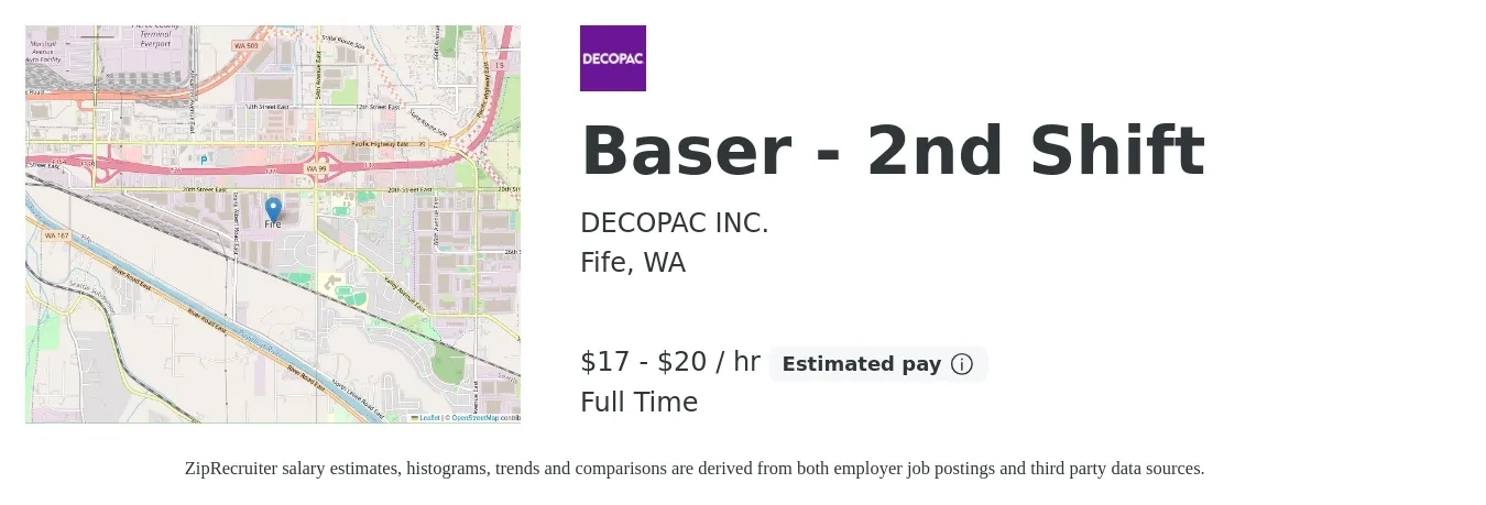 DECOPAC INC. job posting for a Baser - 2nd Shift in Fife, WA with a salary of $18 to $21 Hourly with a map of Fife location.