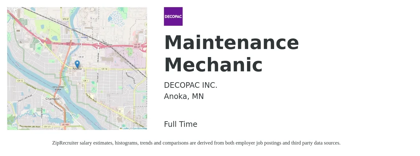 DECOPAC INC. job posting for a Maintenance Mechanic in Anoka, MN with a salary of $26 to $33 Hourly with a map of Anoka location.