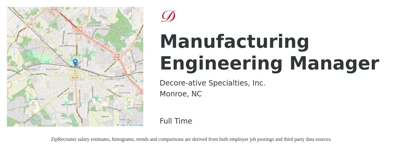 Decore-ative Specialties, Inc. job posting for a Manufacturing Engineering Manager in Monroe, NC with a salary of $95,000 to $130,000 Yearly and benefits including retirement, vision, dental, life_insurance, and medical with a map of Monroe location.