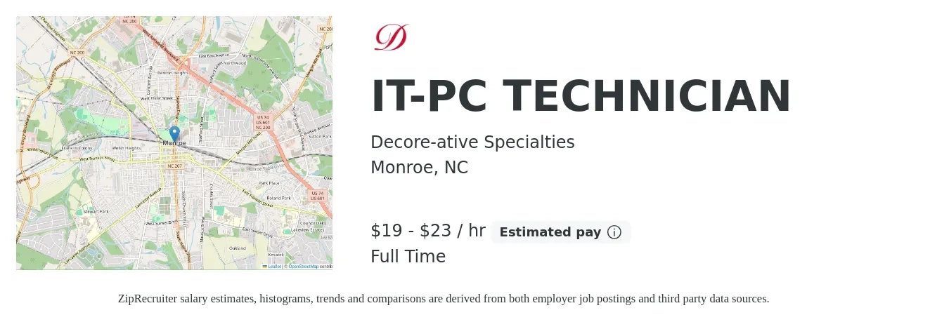 Decore-ative Specialties job posting for a IT-PC TECHNICIAN in Monroe, NC with a salary of $20 to $24 Hourly with a map of Monroe location.