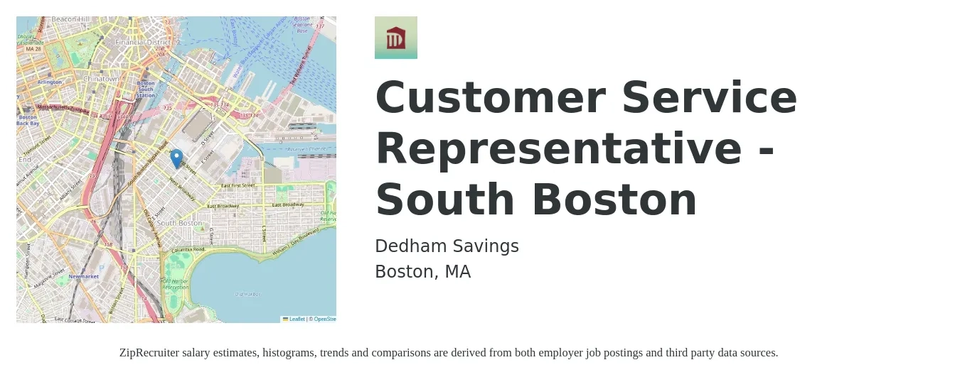 Dedham Savings job posting for a Customer Service Representative - South Boston in Boston, MA with a salary of $20 to $22 Hourly with a map of Boston location.