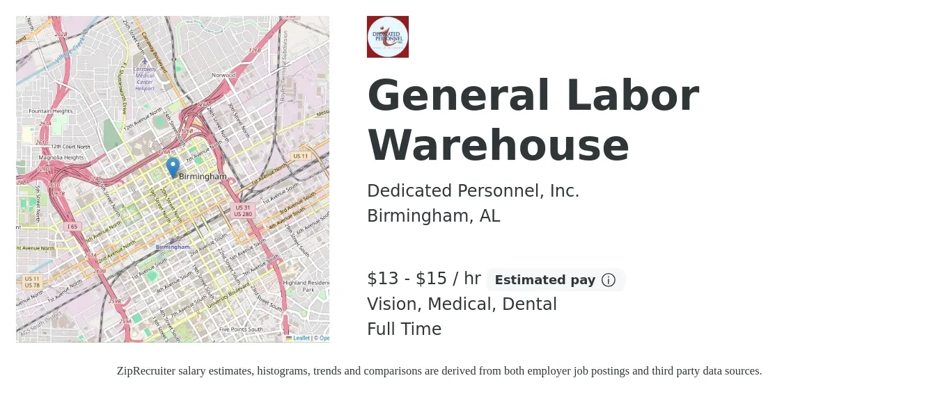 Dedicated Personnel, Inc. job posting for a General Labor Warehouse in Birmingham, AL with a salary of $14 to $16 Hourly and benefits including vision, dental, and medical with a map of Birmingham location.