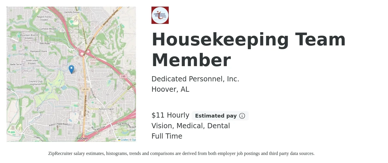 Dedicated Personnel, Inc. job posting for a Housekeeping Team Member in Hoover, AL with a salary of $12 Hourly and benefits including dental, medical, and vision with a map of Hoover location.