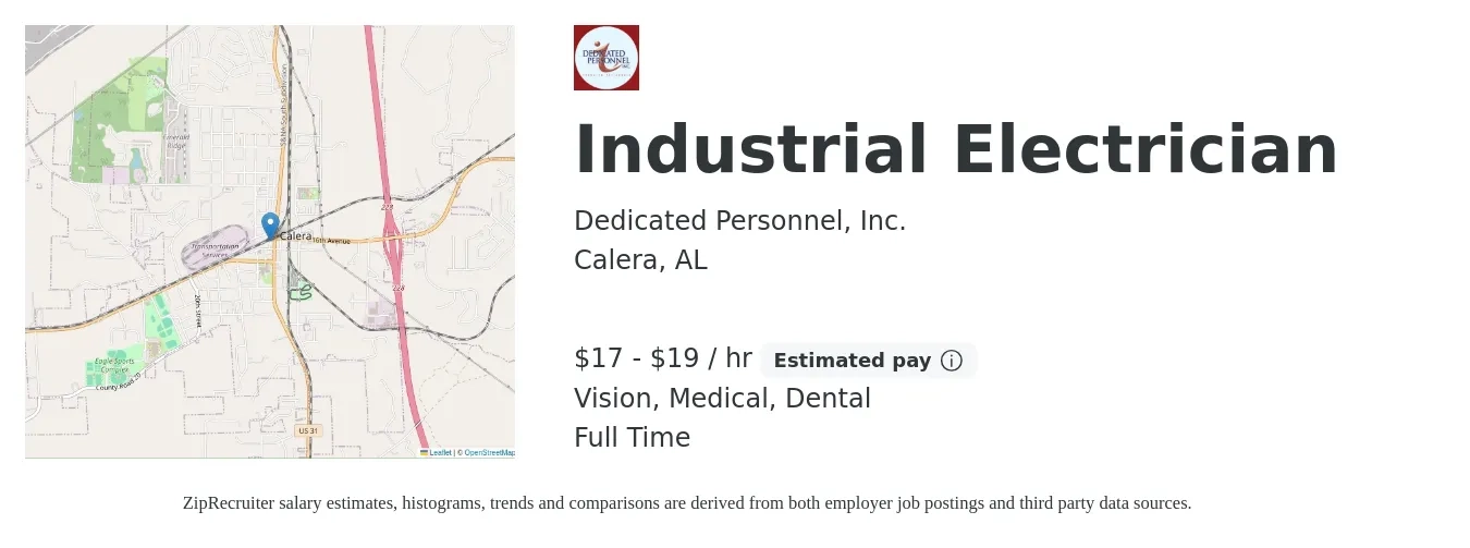 Dedicated Personnel, Inc. job posting for a Industrial Electrician in Calera, AL with a salary of $18 to $20 Hourly and benefits including vision, dental, and medical with a map of Calera location.