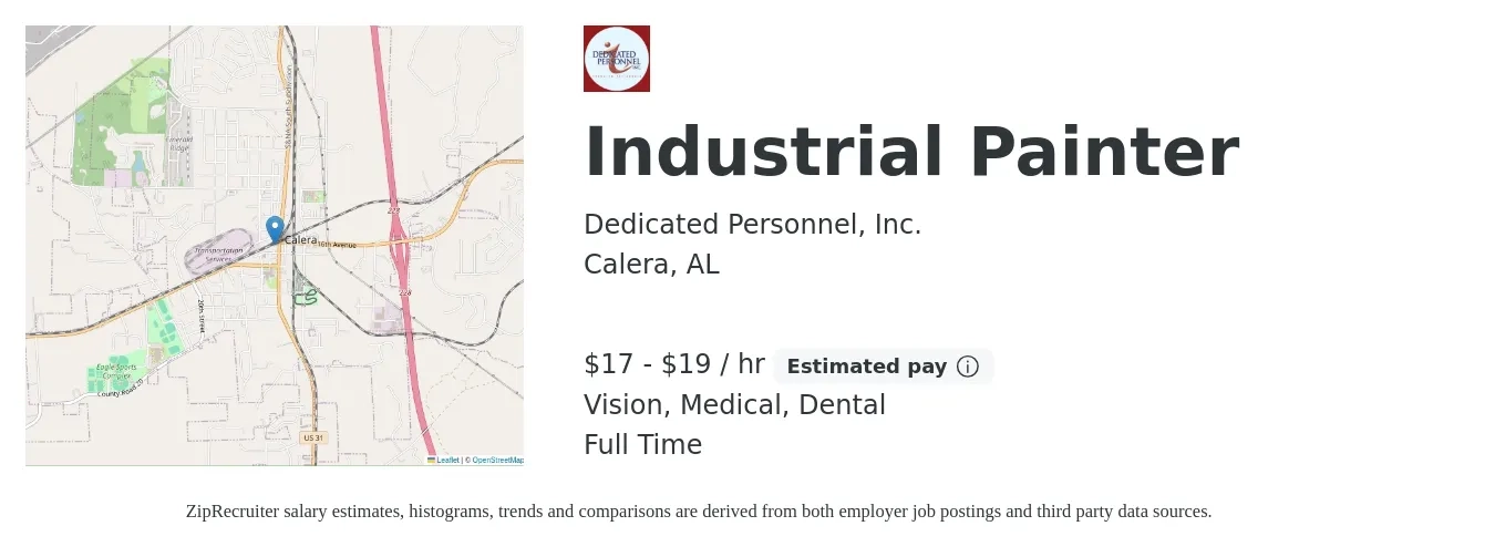 Dedicated Personnel, Inc. job posting for a Industrial Painter in Calera, AL with a salary of $18 to $20 Hourly and benefits including vision, dental, and medical with a map of Calera location.