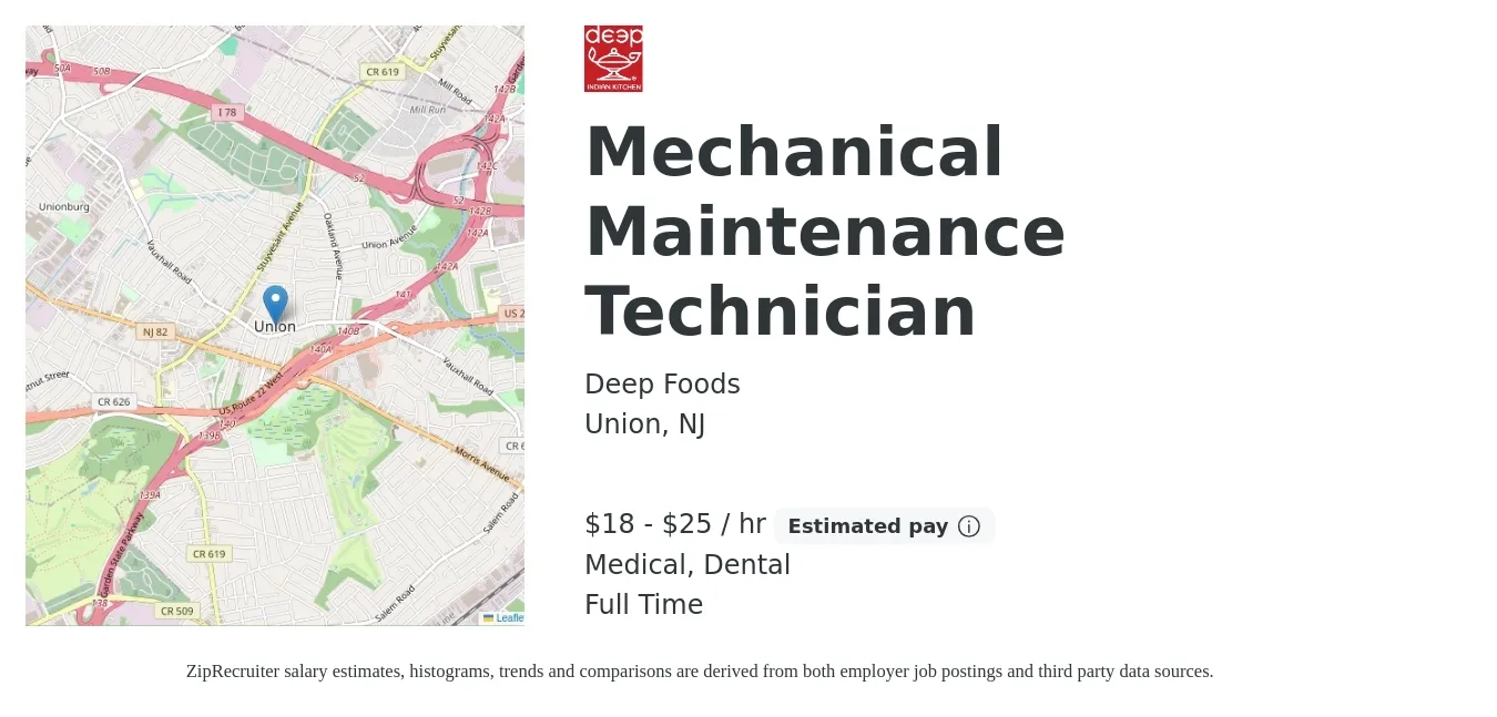 Deep Foods job posting for a Mechanical Maintenance Technician in Union, NJ with a salary of $19 to $27 Hourly and benefits including pto, retirement, dental, and medical with a map of Union location.