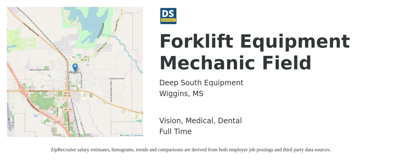 Deep South Equipment job posting for a Forklift Equipment Mechanic Field in Wiggins, MS with a salary of $22 to $32 Hourly and benefits including dental, life_insurance, medical, retirement, and vision with a map of Wiggins location.