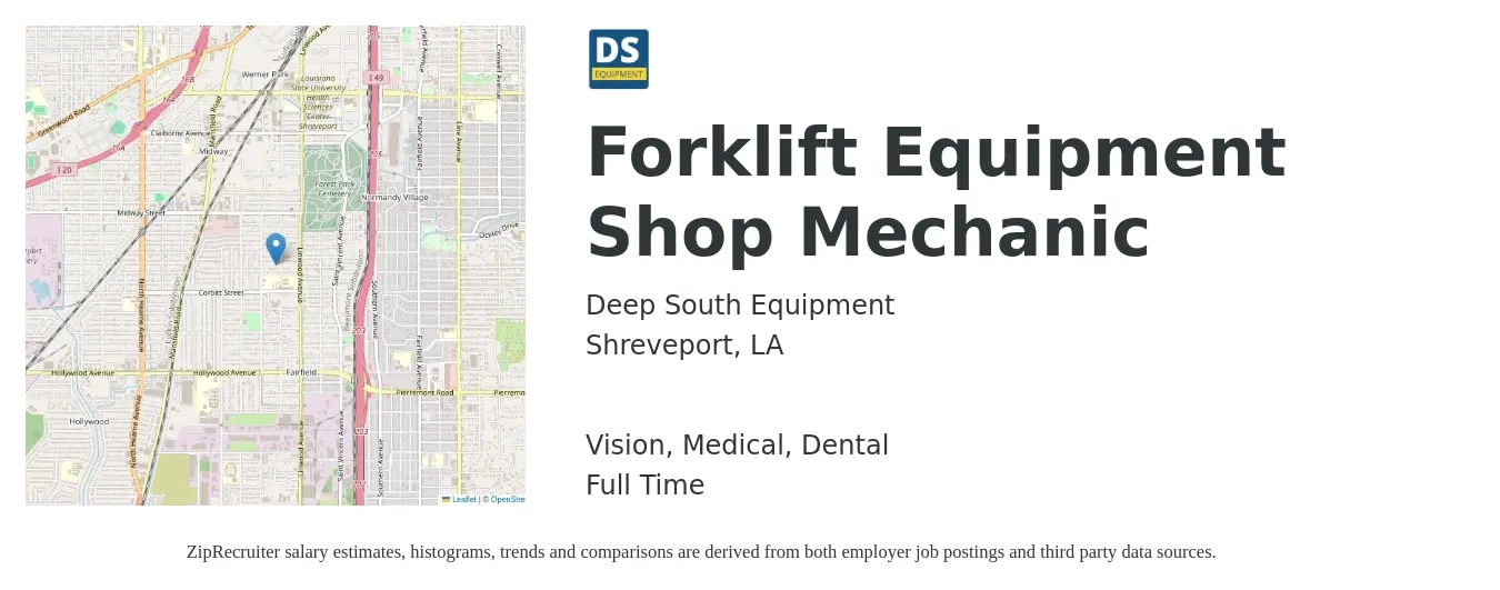 Deep South Equipment job posting for a Forklift Equipment Shop Mechanic in Shreveport, LA with a salary of $23 to $31 Hourly and benefits including vision, dental, life_insurance, medical, and retirement with a map of Shreveport location.