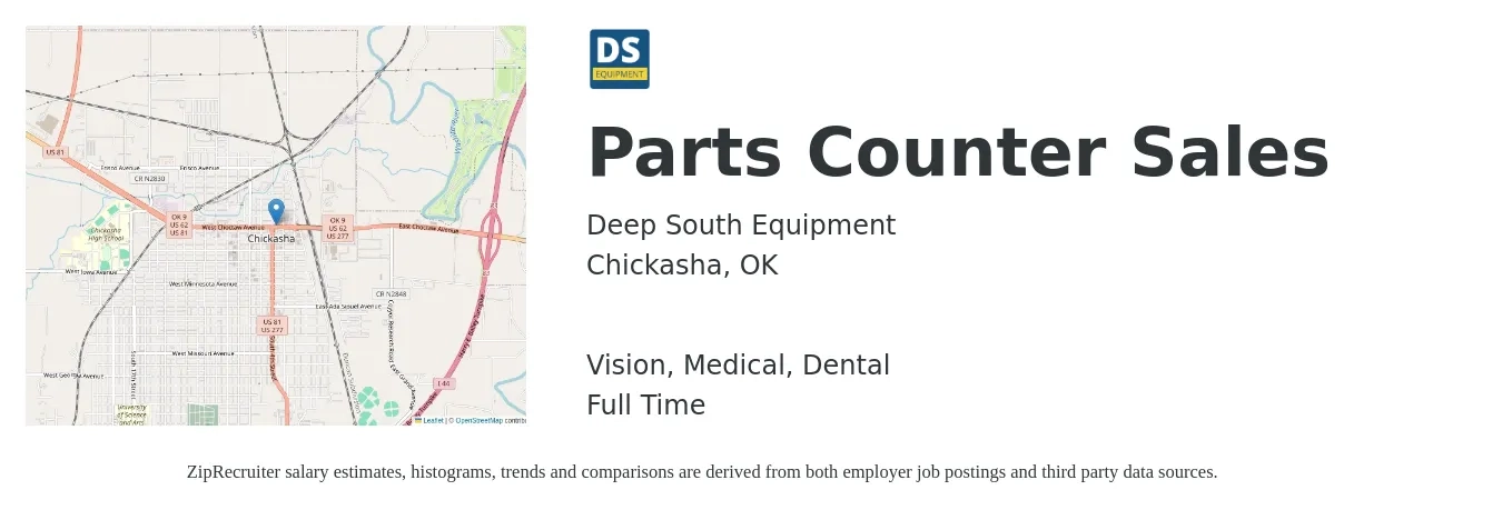 Deep South Equipment job posting for a Parts Counter Sales in Chickasha, OK with a salary of $14 to $20 Hourly and benefits including retirement, vision, dental, life_insurance, and medical with a map of Chickasha location.