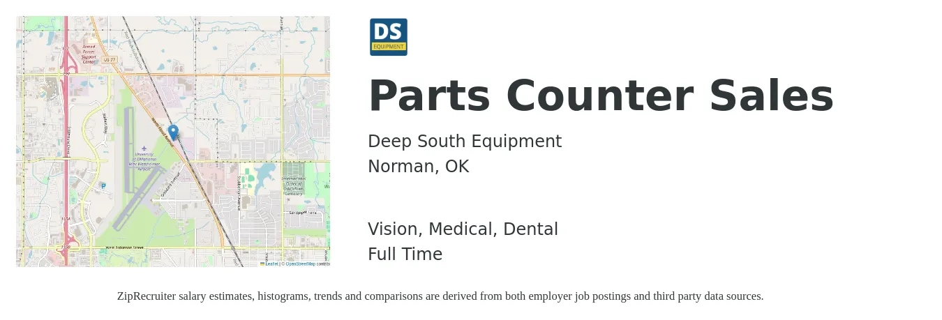 Deep South Equipment job posting for a Parts Counter Sales in Norman, OK with a salary of $16 to $22 Hourly and benefits including retirement, vision, dental, life_insurance, and medical with a map of Norman location.