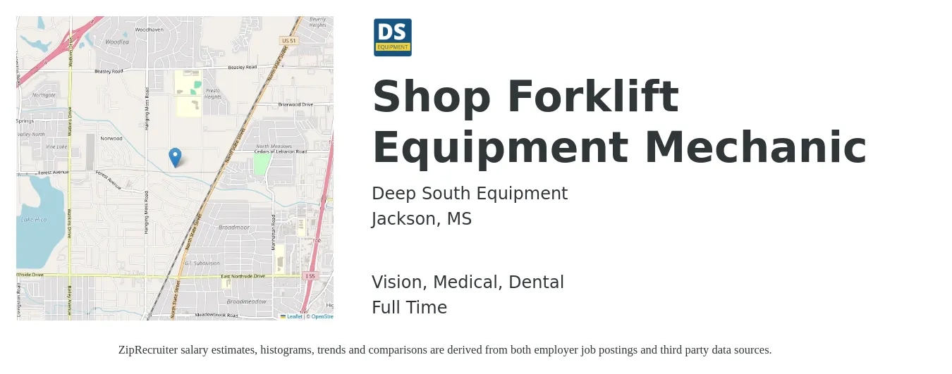 Deep South Equipment job posting for a Shop Forklift Equipment Mechanic in Jackson, MS with a salary of $20 to $28 Hourly and benefits including dental, life_insurance, medical, retirement, and vision with a map of Jackson location.