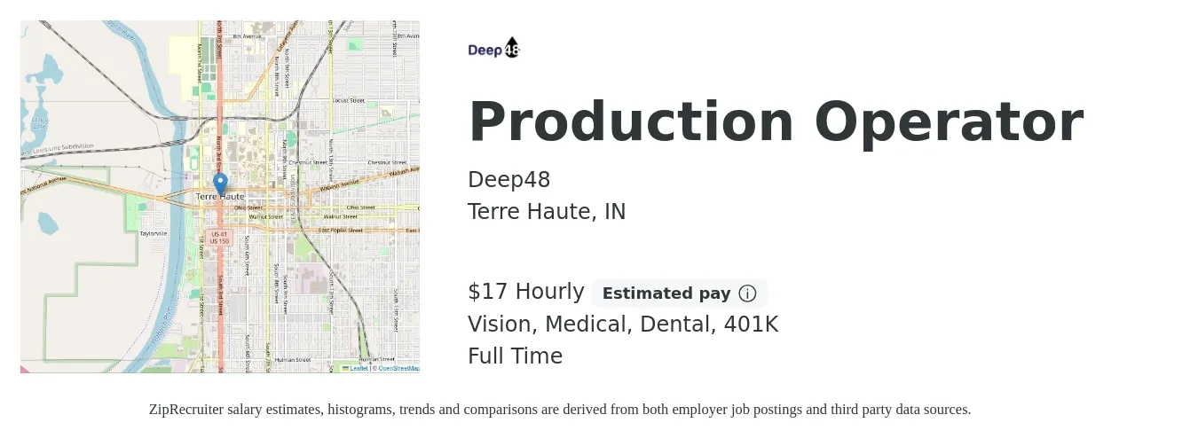 Deep48 job posting for a Production Operator in Terre Haute, IN with a salary of $18 Hourly and benefits including vision, 401k, dental, life_insurance, and medical with a map of Terre Haute location.