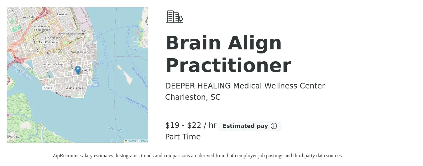 DEEPER HEALING Medical Wellness Center job posting for a Brain Align Practitioner in Charleston, SC with a salary of $20 to $23 Hourly with a map of Charleston location.