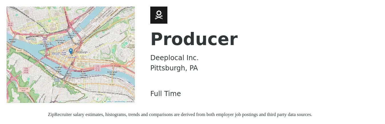 Deeplocal Inc. job posting for a Producer in Pittsburgh, PA with a salary of $78,200 to $130,100 Yearly with a map of Pittsburgh location.