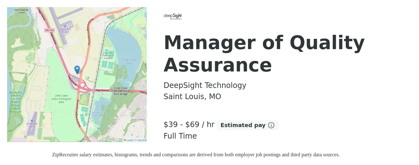 DeepSight Technology job posting for a Manager of Quality Assurance in Saint Louis, MO with a salary of $85,000 to $150,000 Yearly with a map of Saint Louis location.