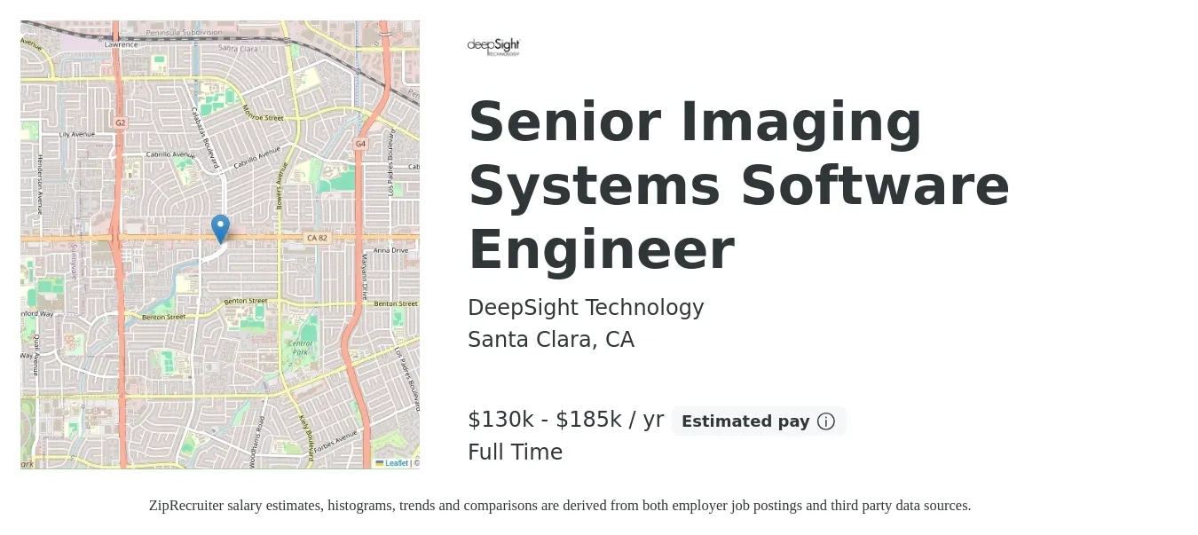 DeepSight Technology job posting for a Senior Imaging Systems Software Engineer in Santa Clara, CA with a salary of $130,000 to $185,000 Yearly with a map of Santa Clara location.