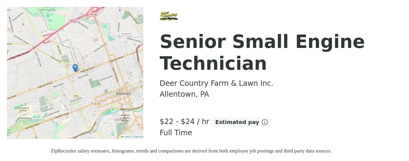 Deer Country Farm & Lawn Inc. job posting for a Senior Small Engine Technician in Allentown, PA with a salary of $23 to $25 Hourly with a map of Allentown location.
