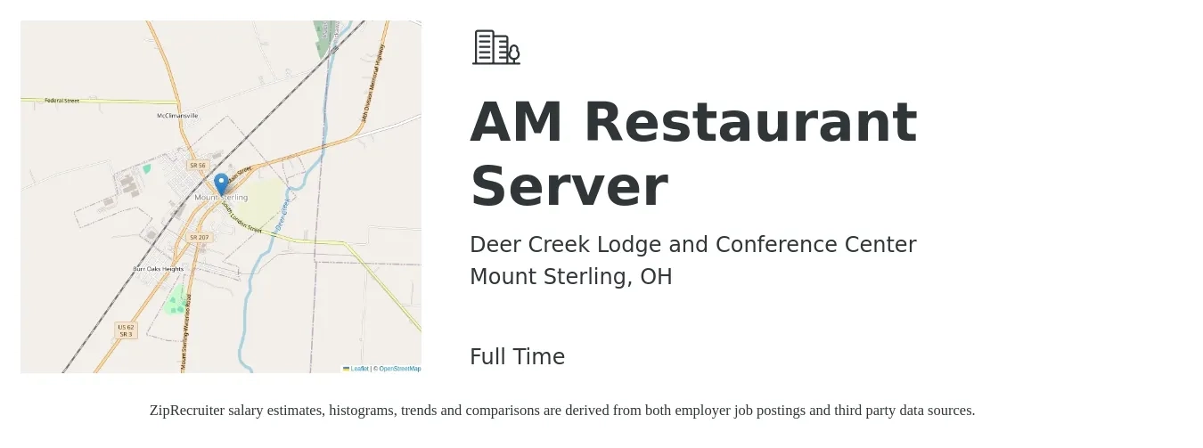 Deer Creek Lodge and Conference Center job posting for a AM Restaurant Server in Mount Sterling, OH with a salary of $9 to $15 Hourly with a map of Mount Sterling location.