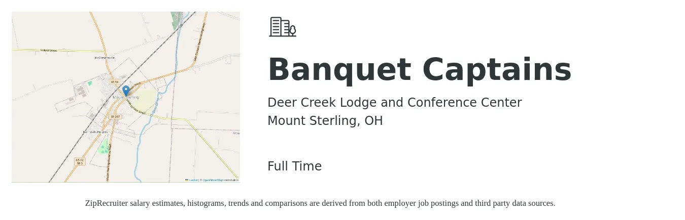 Deer Creek Lodge and Conference Center job posting for a Banquet Captains in Mount Sterling, OH with a salary of $15 to $20 Hourly with a map of Mount Sterling location.