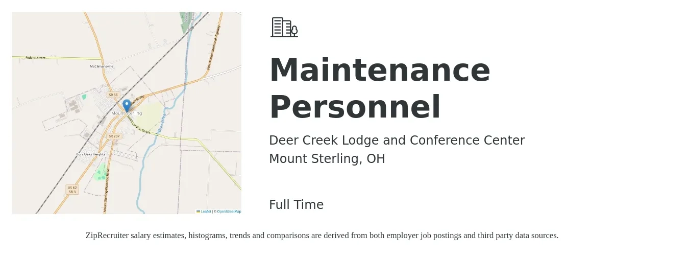 Deer Creek Lodge and Conference Center job posting for a Maintenance Personnel in Mount Sterling, OH with a salary of $22 to $36 Hourly with a map of Mount Sterling location.