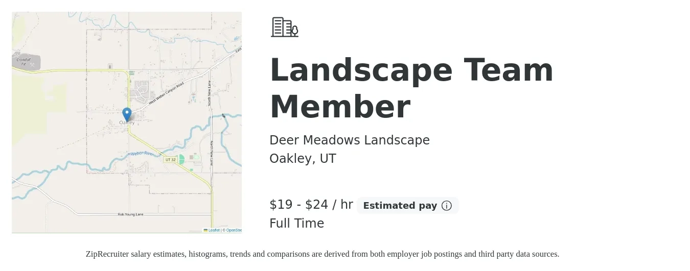 Deer Meadows Landscape job posting for a Landscape Team Member in Oakley, UT with a salary of $20 to $25 Hourly with a map of Oakley location.