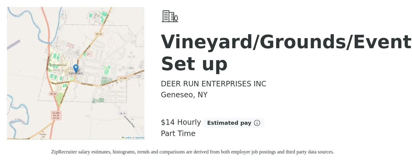 DEER RUN ENTERPRISES INC job posting for a Vineyard/Grounds/Event Set up in Geneseo, NY with a salary of $15 Hourly with a map of Geneseo location.