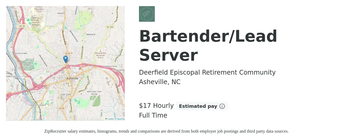 Deerfield Episcopal Retirement Community job posting for a Bartender/Lead Server in Asheville, NC with a salary of $18 Hourly with a map of Asheville location.