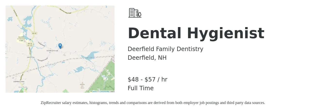 Deerfield Family Dentistry job posting for a Dental Hygienist in Deerfield, NH with a salary of $50 to $60 Hourly with a map of Deerfield location.
