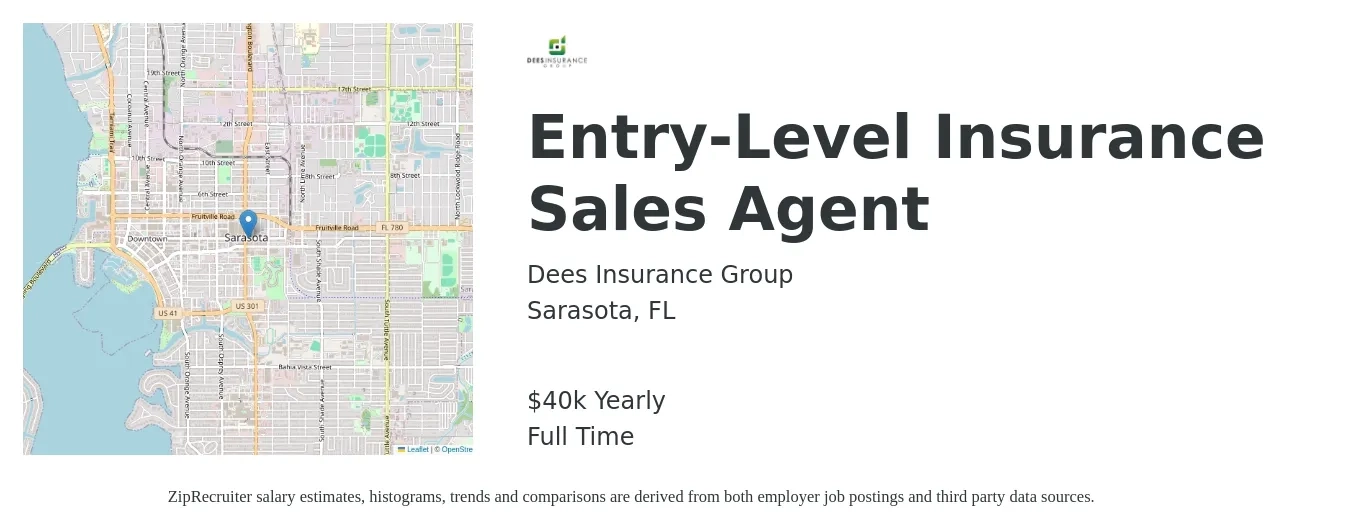 Dees Insurance Group job posting for a Entry-Level Insurance Sales Agent in Sarasota, FL with a salary of $40,000 Yearly with a map of Sarasota location.