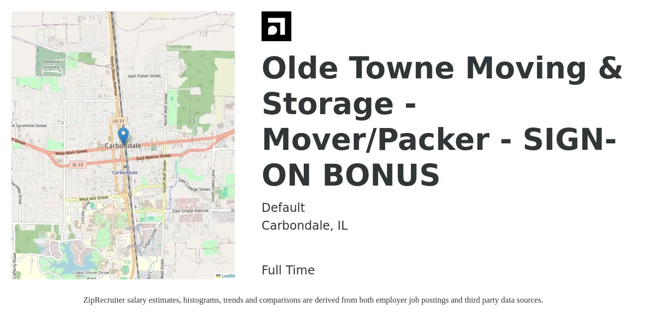 Default job posting for a Olde Towne Moving & Storage - Mover/Packer - SIGN-ON BONUS in Carbondale, IL with a salary of $17 to $20 Hourly with a map of Carbondale location.