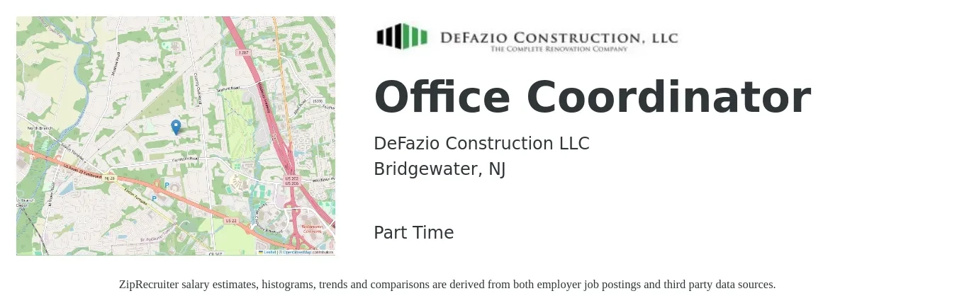 DeFazio Construction LLC job posting for a Office Coordinator in Bridgewater, NJ with a salary of $18 to $24 Hourly with a map of Bridgewater location.