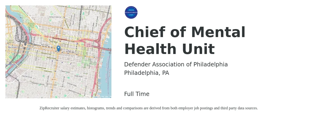 Defender Association of Philadelphia job posting for a Chief of Mental Health Unit in Philadelphia, PA with a salary of $117,600 to $164,900 Yearly with a map of Philadelphia location.