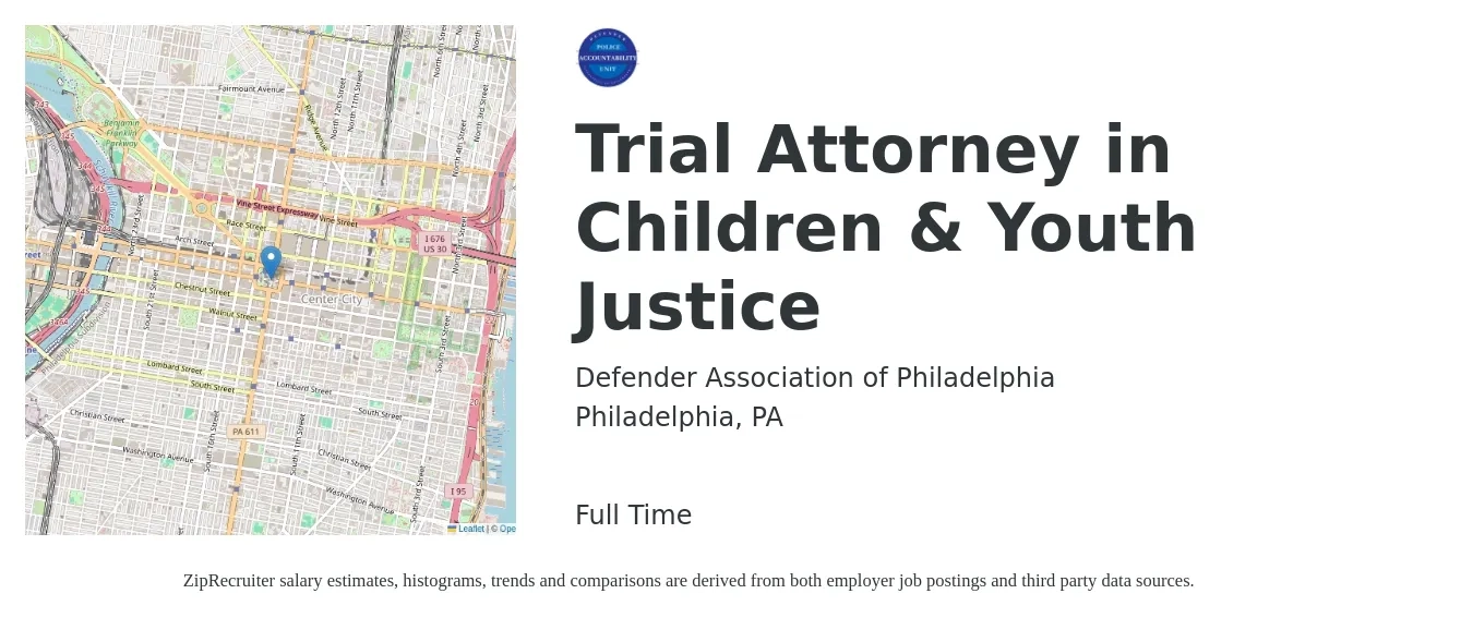 Defender Association of Philadelphia job posting for a Trial Attorney in Children & Youth Justice in Philadelphia, PA with a salary of $89,800 to $132,400 Yearly with a map of Philadelphia location.