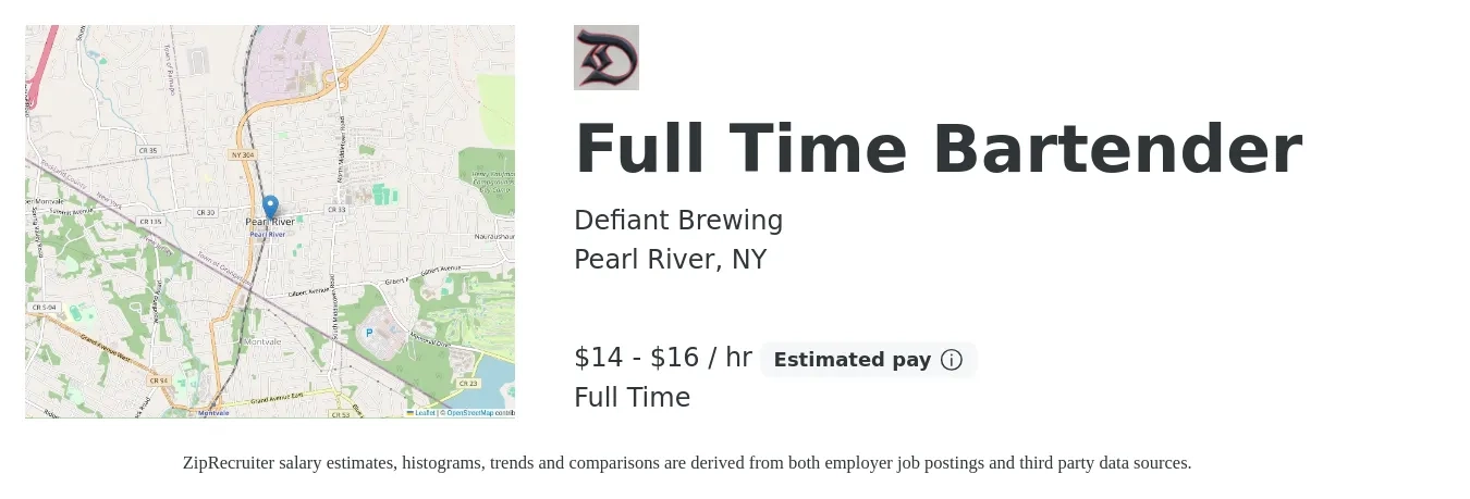 Defiant Brewing job posting for a Full Time Bartender in Pearl River, NY with a salary of $15 to $17 Hourly with a map of Pearl River location.