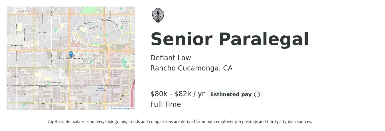 Defiant Law job posting for a Senior Paralegal in Rancho Cucamonga, CA with a salary of $80,000 to $82,000 Yearly with a map of Rancho Cucamonga location.