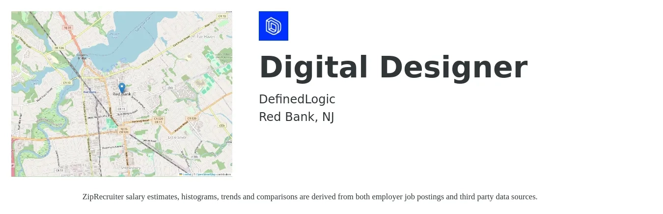 DefinedLogic job posting for a Digital Designer in Red Bank, NJ with a salary of $29 to $43 Hourly with a map of Red Bank location.