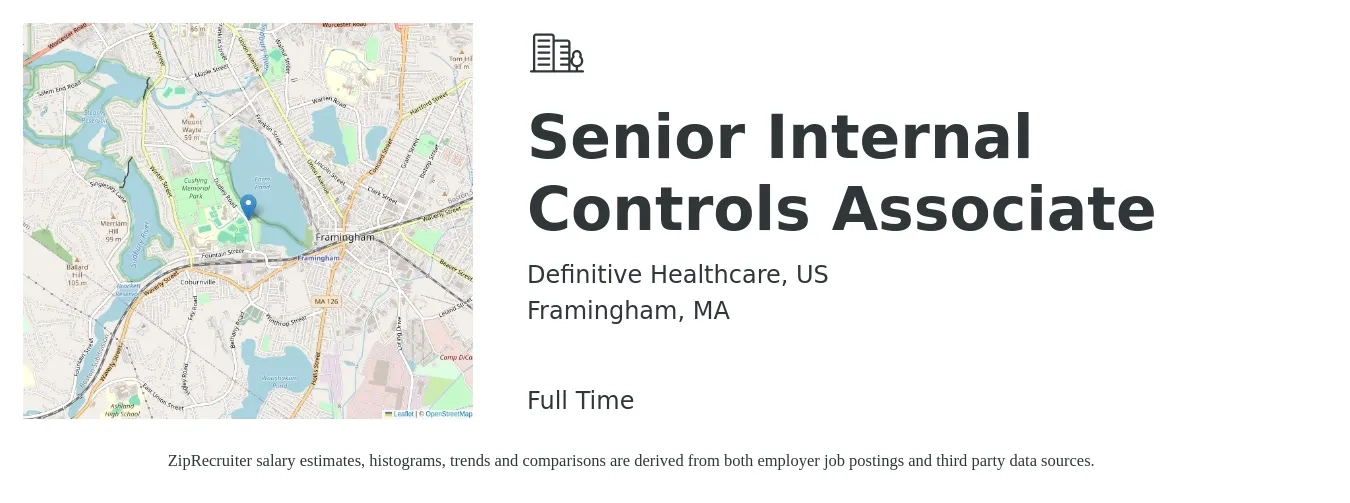 Definitive Healthcare, US job posting for a Senior Internal Controls Associate in Framingham, MA with a salary of $103,900 to $174,900 Yearly with a map of Framingham location.
