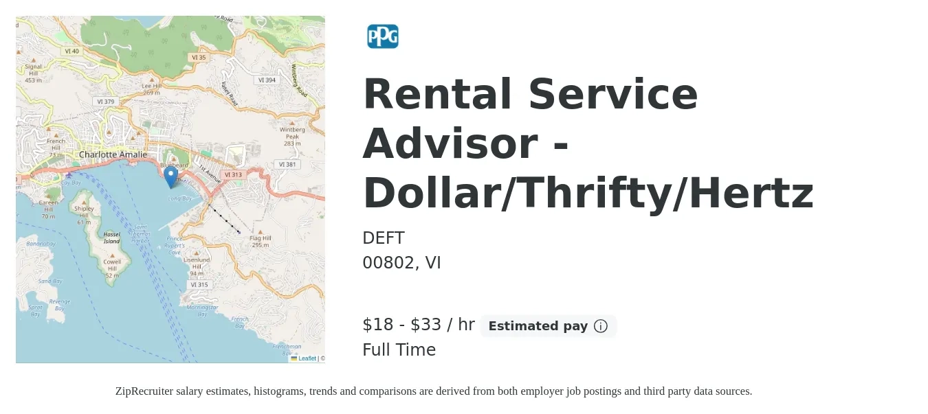 DEFT job posting for a Rental Service Advisor - Dollar/Thrifty/Hertz in 00802, VI with a salary of $19 to $35 Hourly with a map of 00802 location.