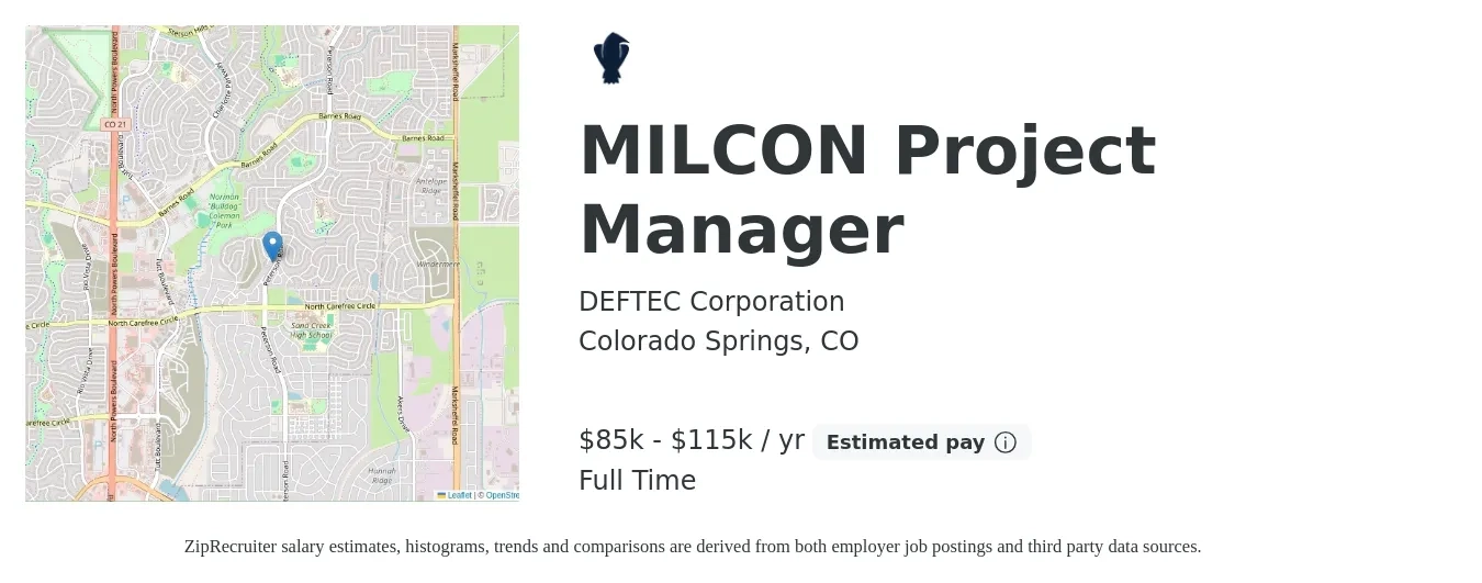 DEFTEC Corporation job posting for a MILCON Project Manager in Colorado Springs, CO with a salary of $85,000 to $115,000 Yearly with a map of Colorado Springs location.