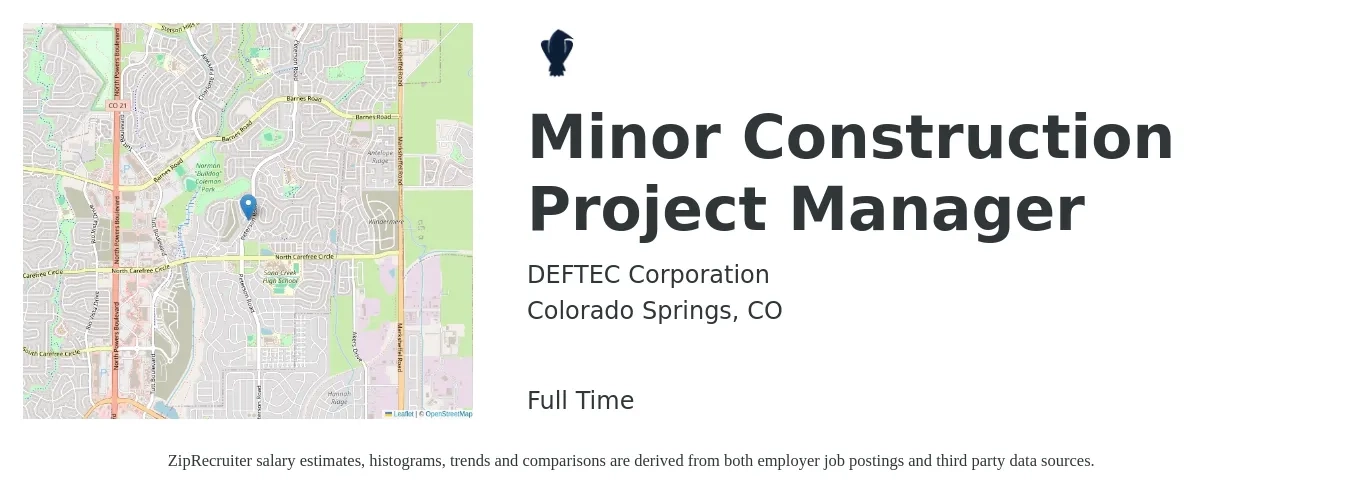 DEFTEC Corporation job posting for a Minor Construction Project Manager in Colorado Springs, CO with a salary of $85,000 to $115,000 Yearly with a map of Colorado Springs location.