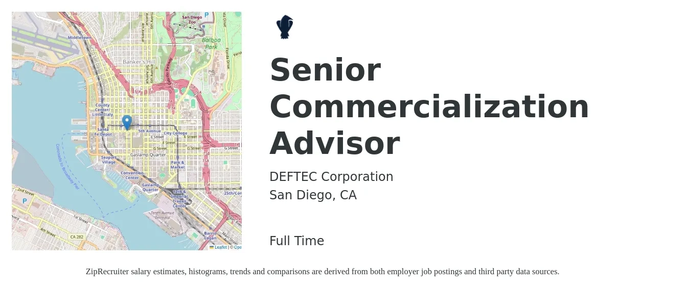 DEFTEC Corporation job posting for a Senior Commercialization Advisor in San Diego, CA with a salary of $139,700 to $140,200 Yearly with a map of San Diego location.
