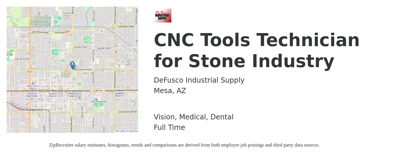 DeFusco Industrial Supply job posting for a CNC Tools Technician for Stone Industry in Mesa, AZ with a salary of $1,000 to $1,400 Weekly and benefits including vision, dental, life_insurance, medical, pto, and retirement with a map of Mesa location.