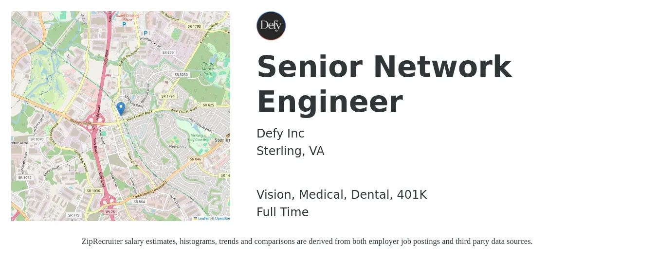 Defy Inc job posting for a Senior Network Engineer in Sterling, VA with a salary of $103,000 to $141,100 Yearly and benefits including dental, life_insurance, medical, vision, and 401k with a map of Sterling location.