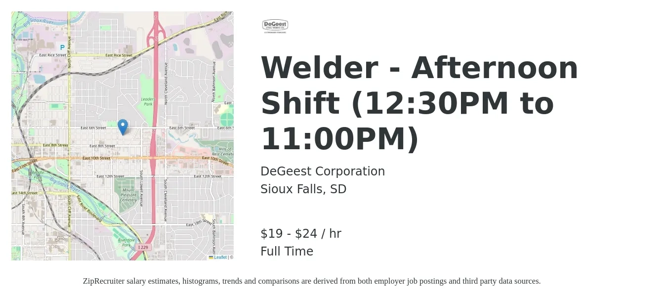 DeGeest Corporation job posting for a Welder - Afternoon Shift (12:30PM to 11:00PM) in Sioux Falls, SD with a salary of $20 to $25 Hourly with a map of Sioux Falls location.