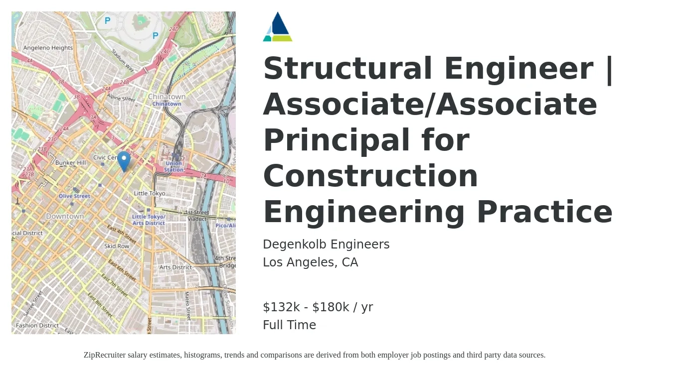 Degenkolb Engineers job posting for a Structural Engineer | Associate/Associate Principal for Construction Engineering Practice in Los Angeles, CA with a salary of $11,000 to $15,000 Monthly with a map of Los Angeles location.
