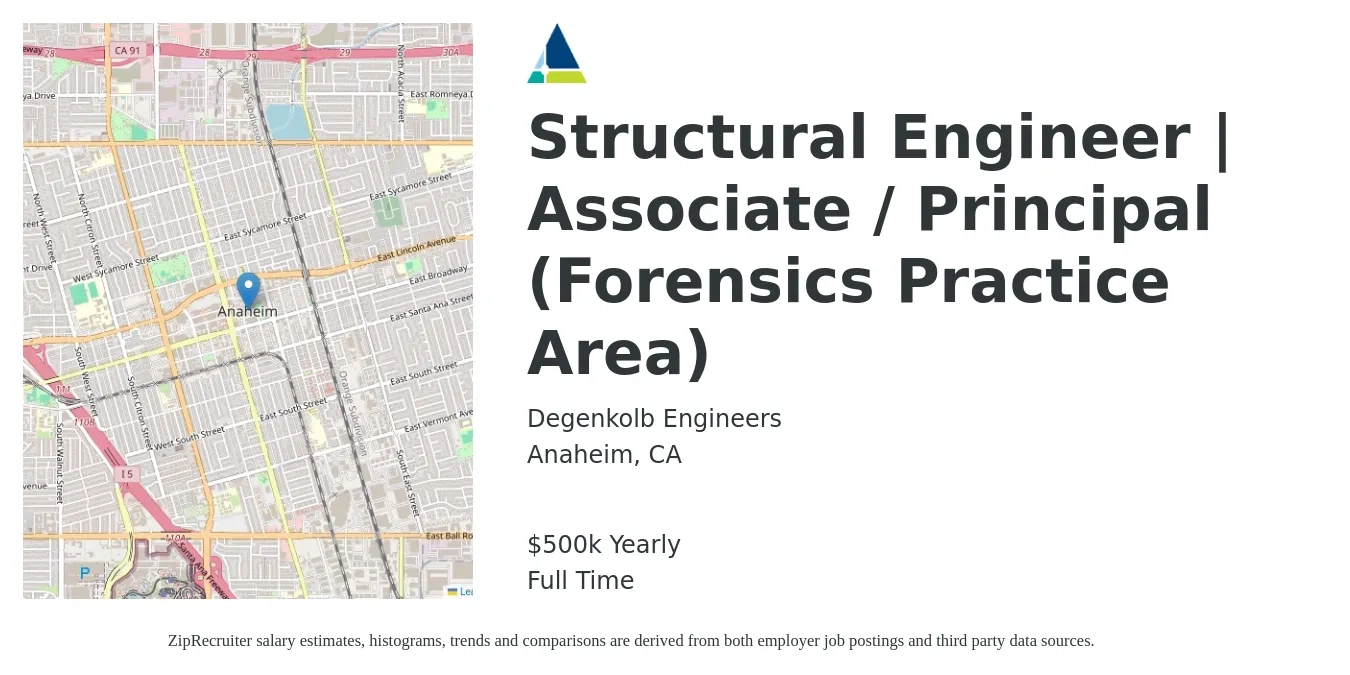 Degenkolb Engineers job posting for a Structural Engineer | Associate / Principal (Forensics Practice Area) in Anaheim, CA with a salary of $500,000 Yearly with a map of Anaheim location.